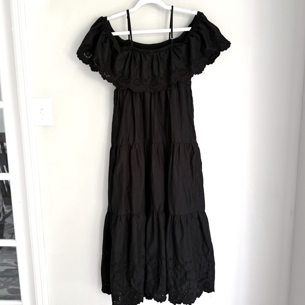 Old Navy Black Maxi Dress Eyelet Off The Shoulder Ruffle Tiered 100% Cotton SZ M - Picture 6 of 12